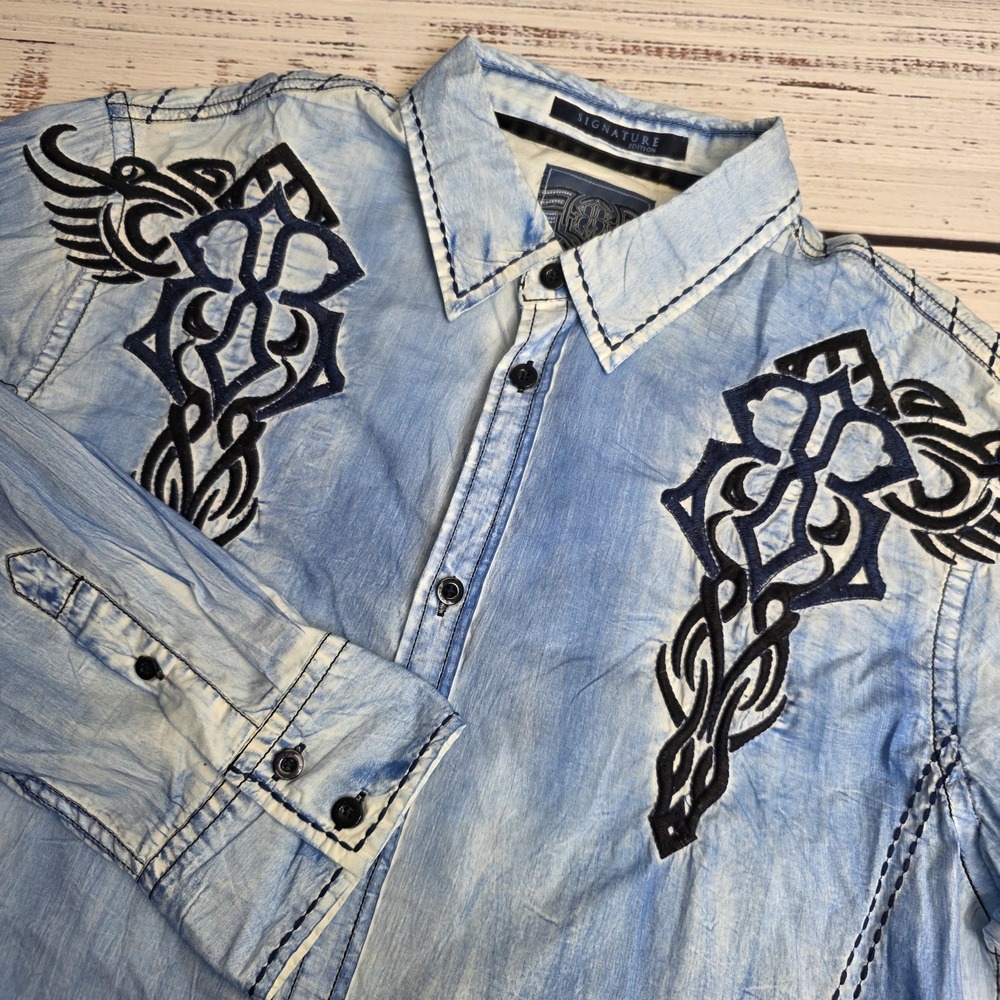Roar Signature Stabalize Mens XL Blue Tribal Embroidered Long Sleeve Button Up